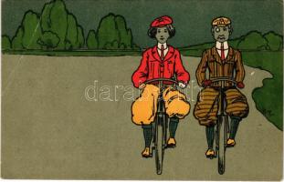 Couple riding on bicycles. litho (EB)