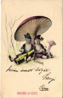 1904 Boldog Újévet! részeg törpék regenerálódnak a gomba tövében / New Year greeting art postcard, drunk dwarves with mushroom, champagne and clovers (EK)