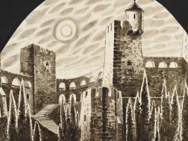XX. sz. Várakról készült rajzok, össz. 5 db. Tus, papír, jelzés nélkül. Papírra kasírozva. 38x50 cm ...