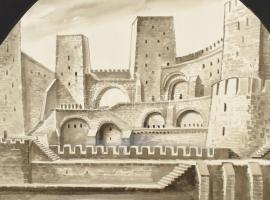 XX. sz. Várakról készült rajzok, össz. 5 db. Tus, papír, jelzés nélkül. Papírra kasírozva. 38x50 cm ...