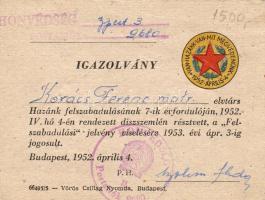 1952 Felszabadulási jelvény viselésére jogosító igazolvány