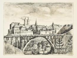 Varga Mátyás (1910-2002): Veszprémi viadukt. Rézkarc, papír, jelzett, 29,5×39 cm