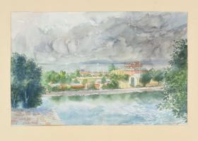 Varga Mátyás (1910-2002): Siófok (Balatoni látkép), 1955. Akvarell, papír, jelzett, paszpartuban. 29,5×46 cm