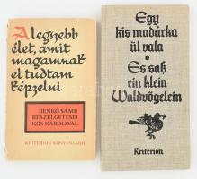 &quot;A legszebb élet, amit magamnak el tudtam képzelni&quot;. Benkő Samu beszélgetései Kós Károllyal. Bukarest, 1978, Kriterion. Kiadói kartonált kötés, sérült papír védőborítóval, jó állapotban. + Egy kis madárka ül vala. Erdélyi szász népköltészet Kányádi Sándor fordításában. Bukarest, 1977, Kriterion. Kiadói egészvászon kötés, jó állapotban.