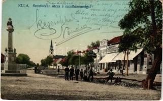 1911 Kula, Szent István utca, Szentháromság szobor, Kirilovits üzlete. Schröder kiadása / street view, Holy Trinity statue, shop (kopott sarkak / worn corners)