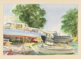 Varga Mátyás (1910-2002): Siófoki hajók (Balaton), 1955. Akvarell, papír, jelzett, paszpartuban. 32×47 cm