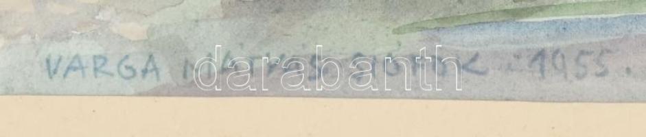 Varga Mátyás (1910-2002): Siófoki hajóépítés (Balaton), 1955. Akvarell, papír, jelzett, paszpartuban...