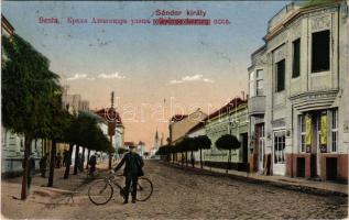 1941 Zenta, Senta; Sándor király utca, kerékpár, Leo Bergel üzlete. Vincze Sz. Molnár kiadása / street view, bicycle, shops + "1941 Zenta visszatért" So. Stpl. (EK)