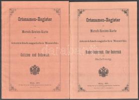 Ortsnamen-Register zur Marsch-Routen-Karte der österreichisch-ungarischen Monarchie. Galizien und Bukowina. Bécs, 1877, Verlag des k.k Militär-geografischen Instituts. 44 p. Helységnevek alfabetikus sorrendben, német és/vagy lengyel nyelven. Kiadó papírkötésben, jó állapotban. + Ortsnamen-Register zur Marsch-Routen-Karte der österreichisch-ungarischen Monarchie. Nieder-Oesterreich, Ober-Oesterreich. Bécs, 1877, Verlag des k.k Militär-geografischen Instituts. 50 p. Helységnevek alfabetikus sorrendben, német nyelven. Kiadó papírkötésben, jó állapotban.