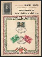 1940 Horthy Miklós kormányzó országlásának 20. évfordulója emlékére emléklap bélyegekkel és bélyegzésekkel