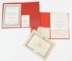 1980-1985 Szocialista kitüntetések adományozási oklevelei és viselési igazolványai (Hazafias Népfront Kitüntető Jelvénye, Kiváló Társadalmi Munkáért érem, "Önkéntes Rendőri Szolgálatért" jelvény), össz. 6 db, két tokban