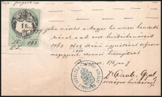 1878 Bp., Pauler Gyula (1841-1903) aláírása régi okirat másolatán, 1 ft okmánybélyeggel, szakadással