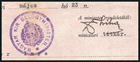 1938 Bp., belügyminisztériumi okirat névváltoztatási kérelem jóváhagyásáról, miniszteri titkári aláí...