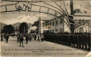 1916 Se. Königl. Hoheit der serbische Thronfolger Alexander vor der Ehrenkompagnie, August 1910. / Alexander, Serbian heir to the throne, before the guard of honour, August 1910. (ázott / wet damage)