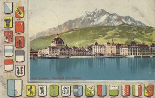 Luzern railway station, Mount Pilatus and Swiss coat of arms litho (EK)