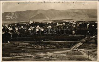 Zsolna, Sillein, Zilina; látkép, vasútállomás, vonat, gőzmozdony / general view, railway station, train, locomotive (vágott / cut)