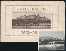 cca 1930 Budapest, Királyi Palota prospektusa, képekkel illusztrált, reklámhirdetésekkel, pl. Corvin Áruház + 1 db fotó a Királyi Palotáról (1942), 7,5×9,5 cm