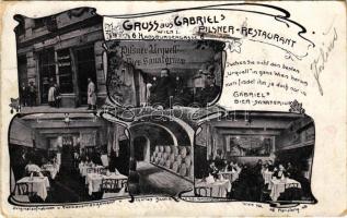 1905 Wien, Vienna, Bécs; Gruss aus Gabriels Pilsner-Restaurant. Habsburgergasse 6. Gabriel&#039;s Bier-Sanatorium. Originalaufnahmen u. Tableauarrangement v. Charles Scolik k.u.k. Hof. u. Kammerphotograph / restaurant and beer hall, interior with guests and waiters. Art Nouveau, floral (EB)