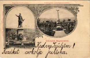 1901 Segesvár, Schässburg, Sighisoara; Petőfi szobor, Fehéregyházi szabadság szobor, honvéd emlékmű a turulmadárral. Vándory Ferenc kiadása / statues, Hungarian military monument in Albesti. Art Nouveau, floral (fl)