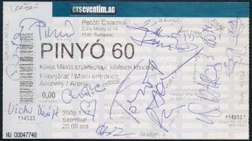 Pinyó 60 [Piramis, Köves Miklós] aláírások: Gallai Péter, Viktor Máté, Závodi János, Somló Tamás, Zsoldos Tamás, Török Péter, Török Ádám, Charlie, Paróczai Attila, Muck Ferenc és Pinyó &quot;Köves Miklós&quot; aláírásokkal.