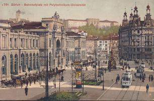 Zürich railway square with polytechnic university and trams