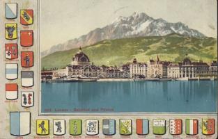 Luzern railway station, Mount Pilatus and Swiss coat of arms