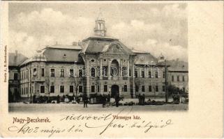 1902 Nagybecskerek, Zrenjanin, Veliki Beckerek; Vármegyeháza, piac. Grosits J. kiadása / county hall, market + "PANCSOVA - NAGY-KIKINDA 91. SZ. A" vasúti mozgóposta bélyegző (EK)