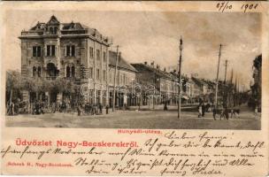 1901 Nagybecskerek, Zrenjanin, Veliki Beckerek; Hunyadi utca, piac, üzletek. Schenk H. kiadása / street view, market, shops (r)