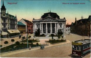 1916 Nagyvárad, Oradea; Bémer tér és Szigligeti színház, villamos reklámokkal, EMKE kávéház, Adria biztosító. Vasúti levelezőlapárusítás 55. sz. 1916. / square, theatre, tram with advertisements, café, insurance company (EK)