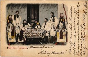 1902 Vinga, Üdvözlet Vingáról. Erdélyi népviselet, folklór / Greetings from Vinga! Transylvanian folklore, traditional costumes (fl)