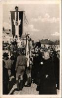 1938 Léva, Levice; Ipolyság által Léva városának adományozott országzászló ünneplése, bevonulás, cserkészek. Hajdu felvétele / celebration of the Hungarian flag the town of Sahy donated, entry of the Hungarian troops, boy scouts + &quot;1938 Léva visszatért&quot; So. Stpl. (fl)