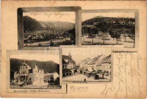 1899 (Vorläufer) Brassó, Kronstadt, Brasov; Schlossberg, Villa Schuller, Marktplatz / Cetatea / Fő tér városi vasúttal, kisvasút, vonat. L. Hynek kiadása / urban railway, train. Art Nouveau (fl)