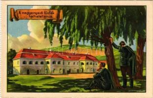 Nagyenyed, Aiud; &quot;A nagyenyedi fűzfák halhatatlanok.&quot; Kollégium. Kiadja a Székely Egyetemi és Főiskolai Hallgatók Egyesülete / Hungarian irredenta propaganda art postcard, boarding school s: Gebhardt