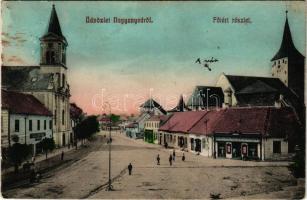 1911 Nagyenyed, Aiud; Fő tér, gyógyszertár, Református vártemplom, üzletek. Földes Ede kiadása / main square, pharmacy, Calvinist castle church, shops (Rb)