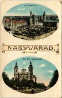 1913 Nagyvárad, Oradea; Szent László tér, piac, városháza, Római katolikus székesegyház / square, market, town hall, cathedral (fa)