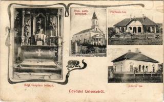 1915 Gelence, Ghelinta; Római katolikus templom, régi templom belseje, plébánia és kántor lak. Szilágyi Arthur műintézetéből / churches, interior, parish and cantor&#039;s house. Art Nouveau (fl)