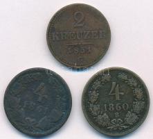 Vegyes: 1851G 2kr Cu + 1860B 4kr + Ausztria 1861A 4kr Cu T:F