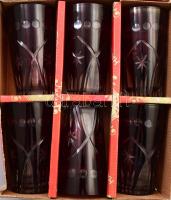 Bordó kristály borospohár szett, 6 db, csiszolt mintával, jelzés nélkül, eredeti dobozában, m: 11,5 ...