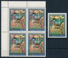 1971 Japán fametszetek 40f ívsarki 4-es tömb + bélyeg eltérő színben (4-es tömb betapadással / gum disturbanc on the block of 4)