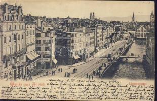 Zürich Limmat quay with the confectionery of E. Schurter, music shop and Hotel Limmathof