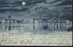 1898 Luzern railway station with Mount Pilatus at night