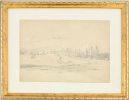 Pörge Gergely (1858-1930): Dombos táj. Ceruza, papír, jelzett, üvegezett fakeretben, 16x23 cm