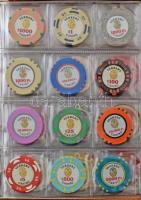 129db-os kaszinózseton-tétel, benne fém, illetve nagyrészt műanyag zsetonokkal, jó állapotú berakóba...