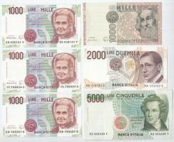 Olaszország 1982. 1000L + 1990. 1000L (3x) + 2000L + + 5000L T:UNC,AU, 5000L F szép papír Italy 1982. 1000 Lire + 1990. 1000 Lire (3x) + 2000 Lire + 5000 Lire C:UNC,AU 5000 Lire F, nice paper