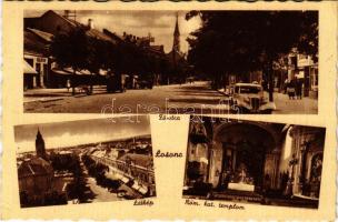 Losonc, Lucenec; Fő utca, autó, üzletek, látkép, Római katolikus templom belseje. Filó M. kiadása / main street, automobile, shops, general view, Catholic church interior (EK)