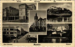 1943 Munkács, Mukacheve, Mukacevo; Kórház, Városháza, vár, Szent István út, üzletek, Kolostor. Schönfeld Henrik kiadása / hospital, town hall, castle, street view, shops, monastery (EK)