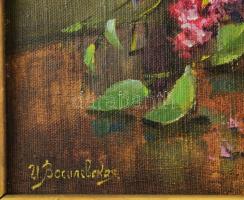 Olvashatatlan cirill betűs jelzéssel, feltehetően szovjet festő: Csendélet, 1987. Olaj, vászon, faro...