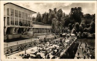 1943 Szovátafürdő, Baile Sovata; Medve-tó strand, fürdőzők. Körtesi Károly fényképész felvétele és kiadása / Lacul Ursu / lake, bathers (fl)