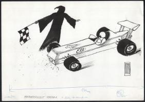 Rau Tibor (1934-2009), 2 db sport karikatúra: "Formatervezett Forma-1" és "Elvállalná...