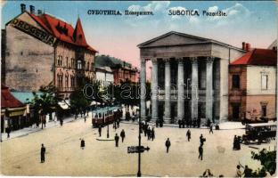 Szabadka, Subotica; Pozoriste / színház, villamos, autóbusz, drogéria, üzletek / theatre, tram, autobus, drugstore, shops (EK)